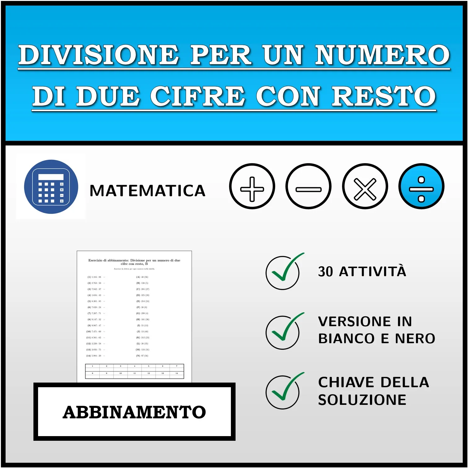 Esercizio di abbinamento: Divisione per un numero di due cifre con resto