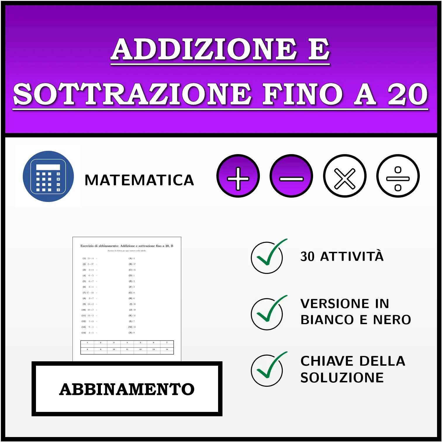 Esercizio di abbinamento: Addizione e sottrazione fino a 20