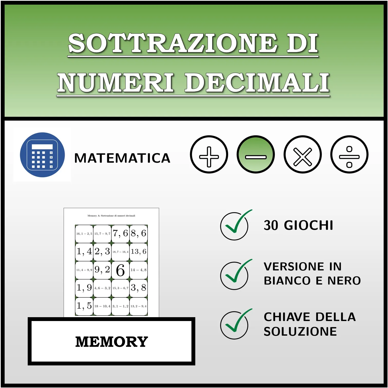 Memory: Sottrazione di numeri decimali