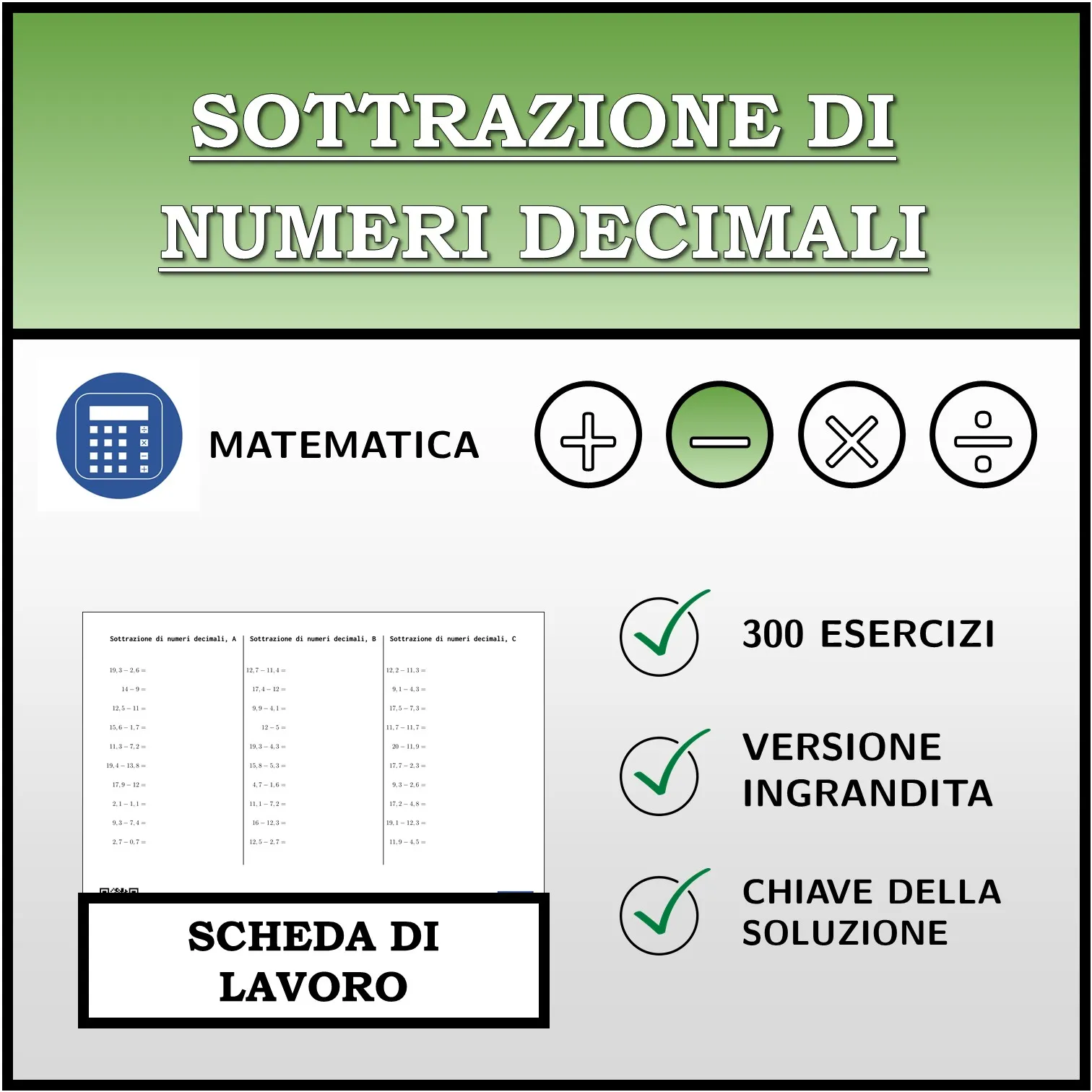 Scheda di lavoro: Sottrazione di numeri decimali