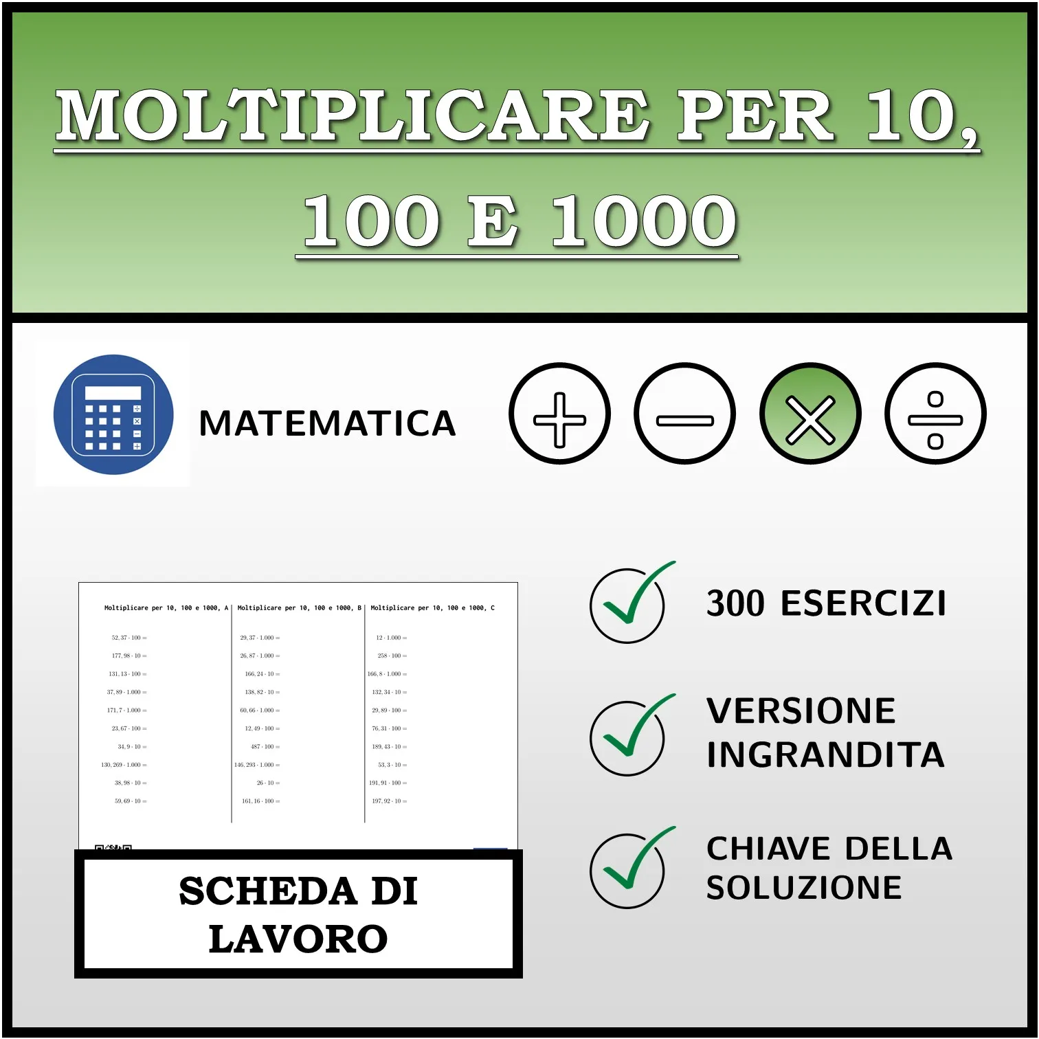 Scheda di lavoro: Moltiplicare per 10, 100 e 1000