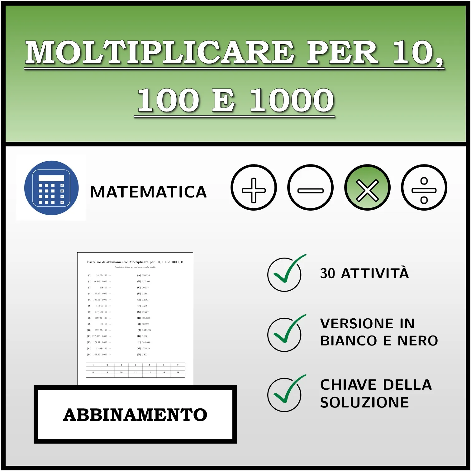 Esercizio di abbinamento: Moltiplicare per 10, 100 e 1000