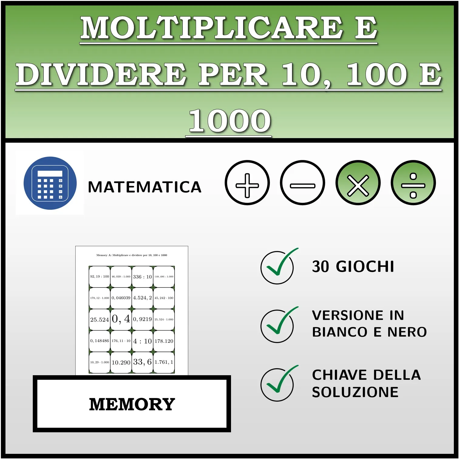 Memory: Moltiplicare e dividere per 10, 100 e 1000
