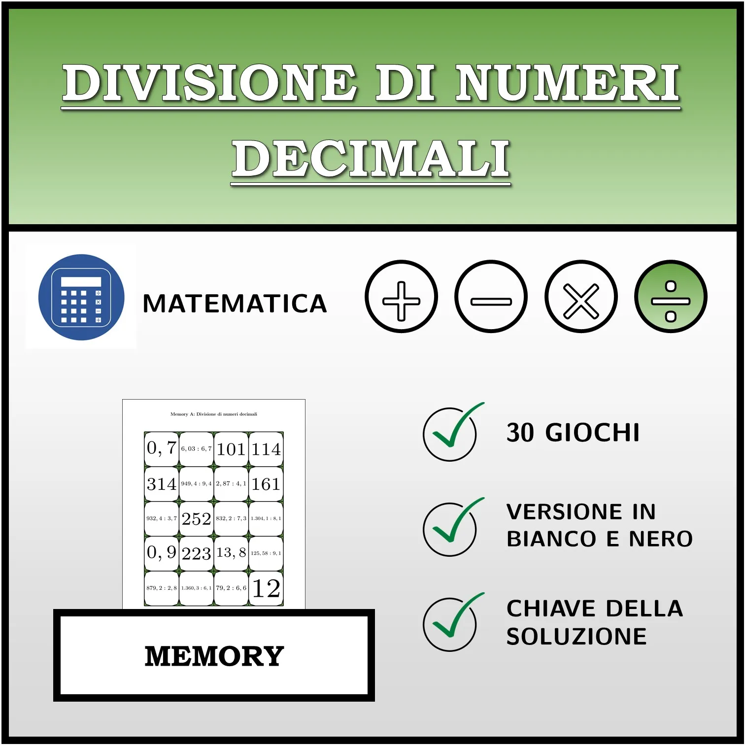 Memory: Divisione di numeri decimali