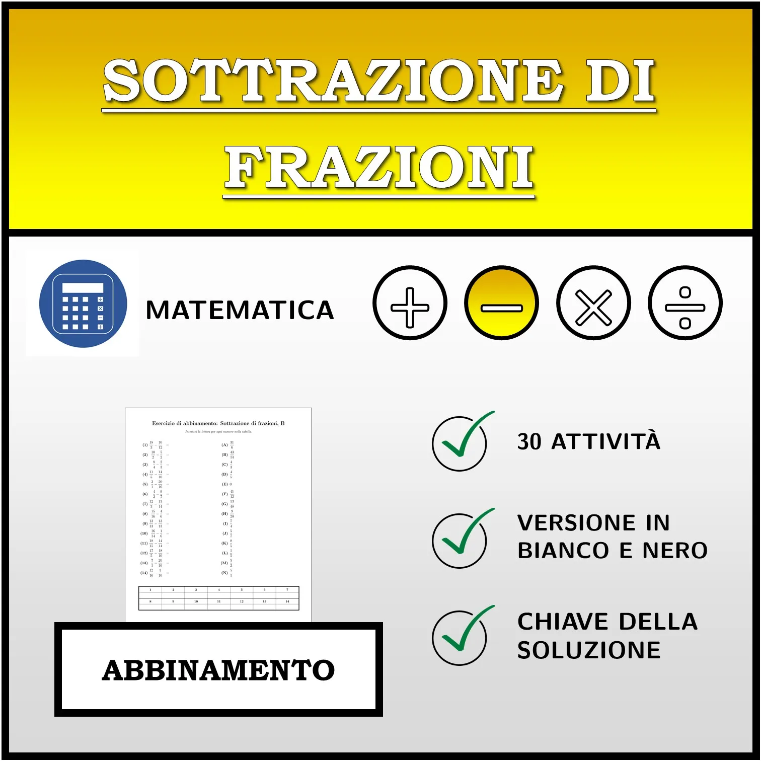 Esercizio di abbinamento: Sottrazione di frazioni