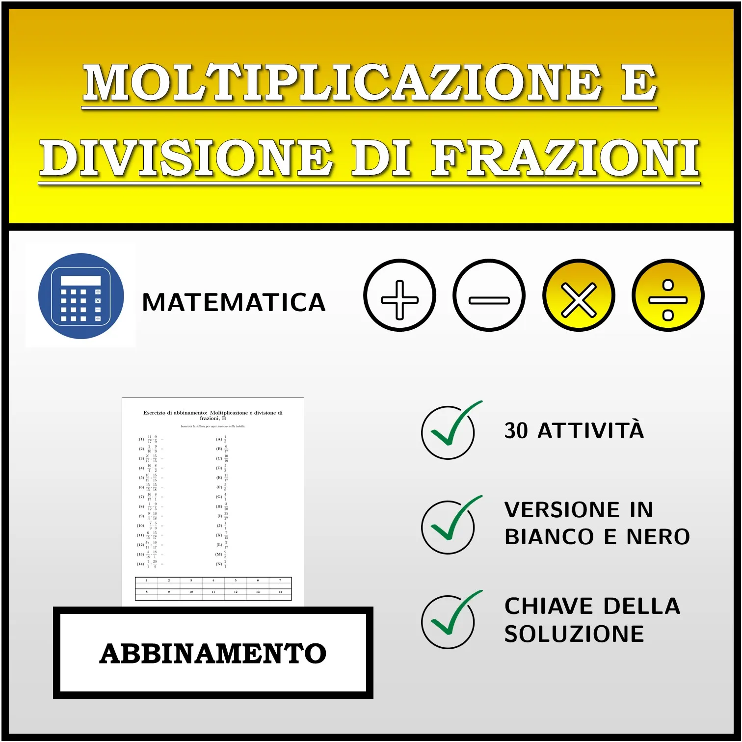 Esercizio di abbinamento: Moltiplicazione e divisione di frazioni