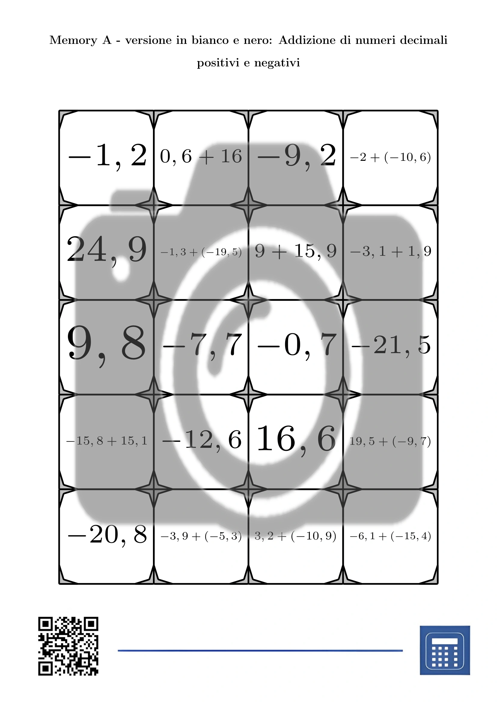 Memory: Addizione di numeri decimali positivi e negativi - immagine 3