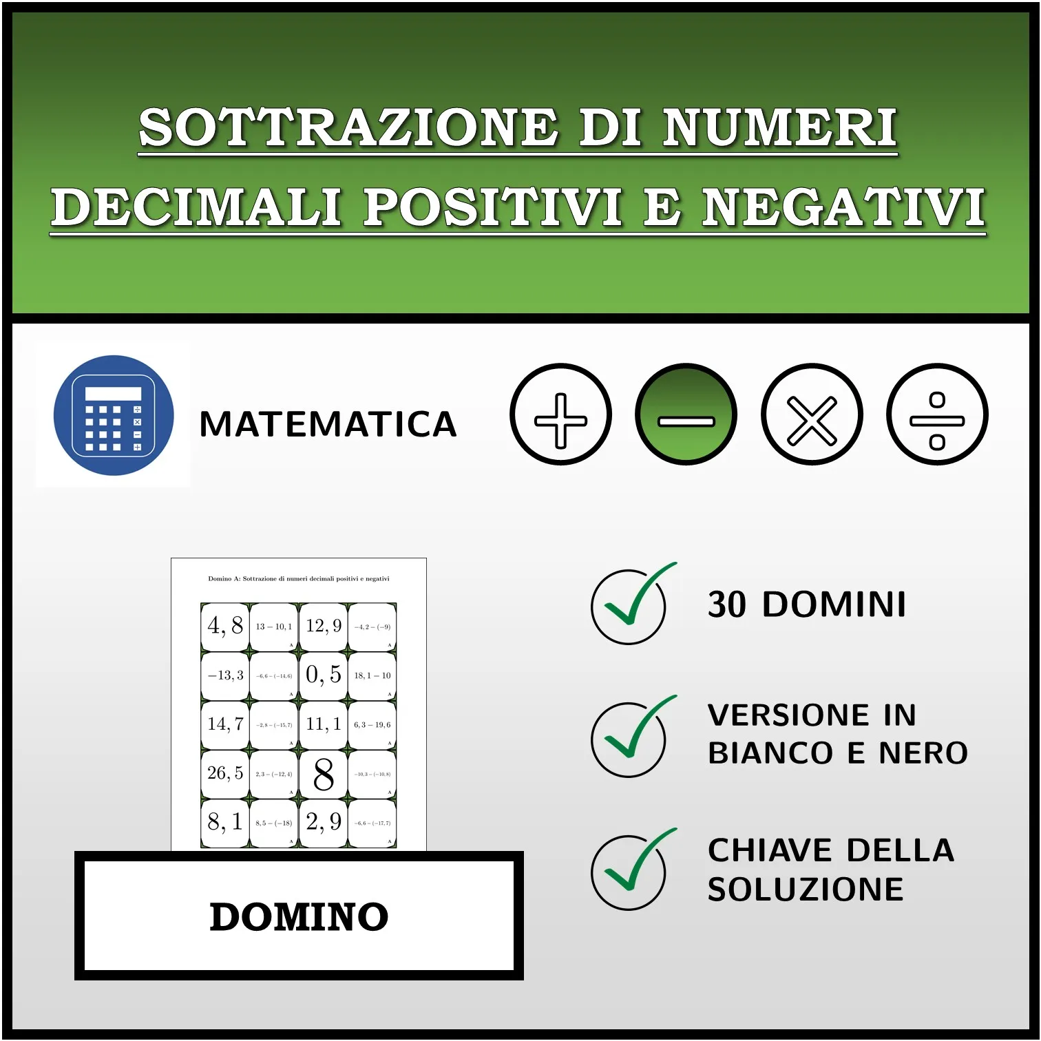 Domino: Sottrazione di numeri decimali positivi e negativi