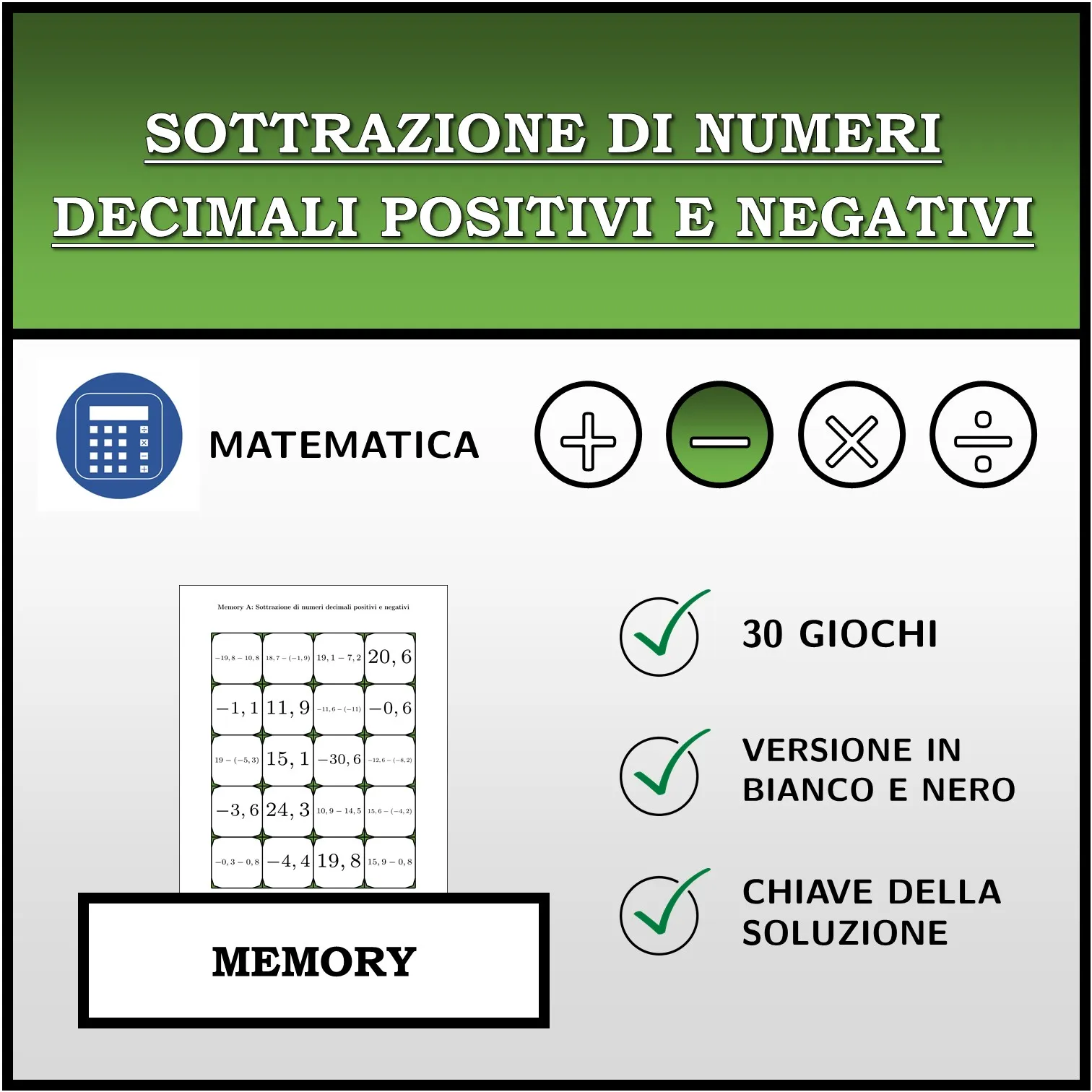 Memory: Sottrazione di numeri decimali positivi e negativi