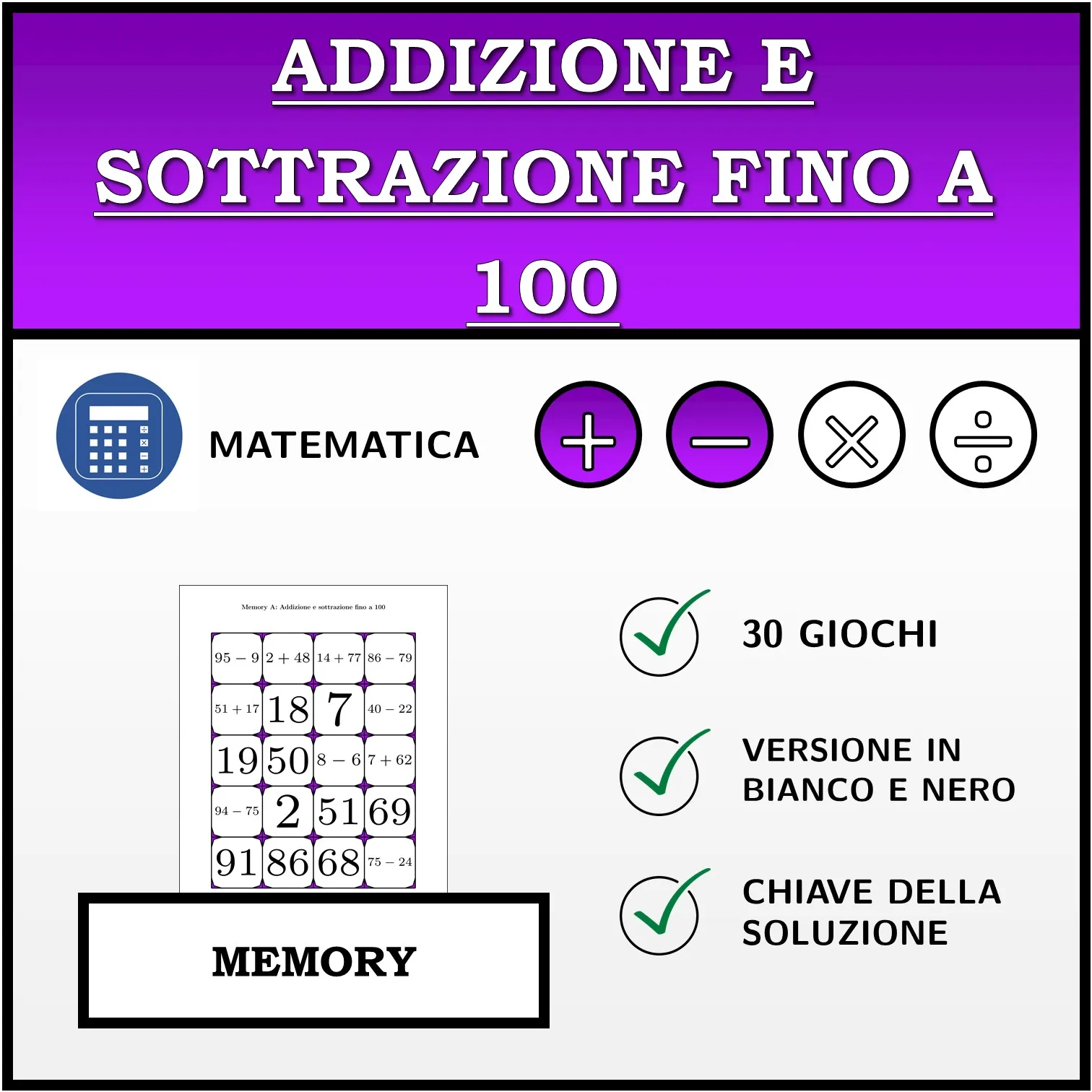 Memory: Addizione e sottrazione fino a 100
