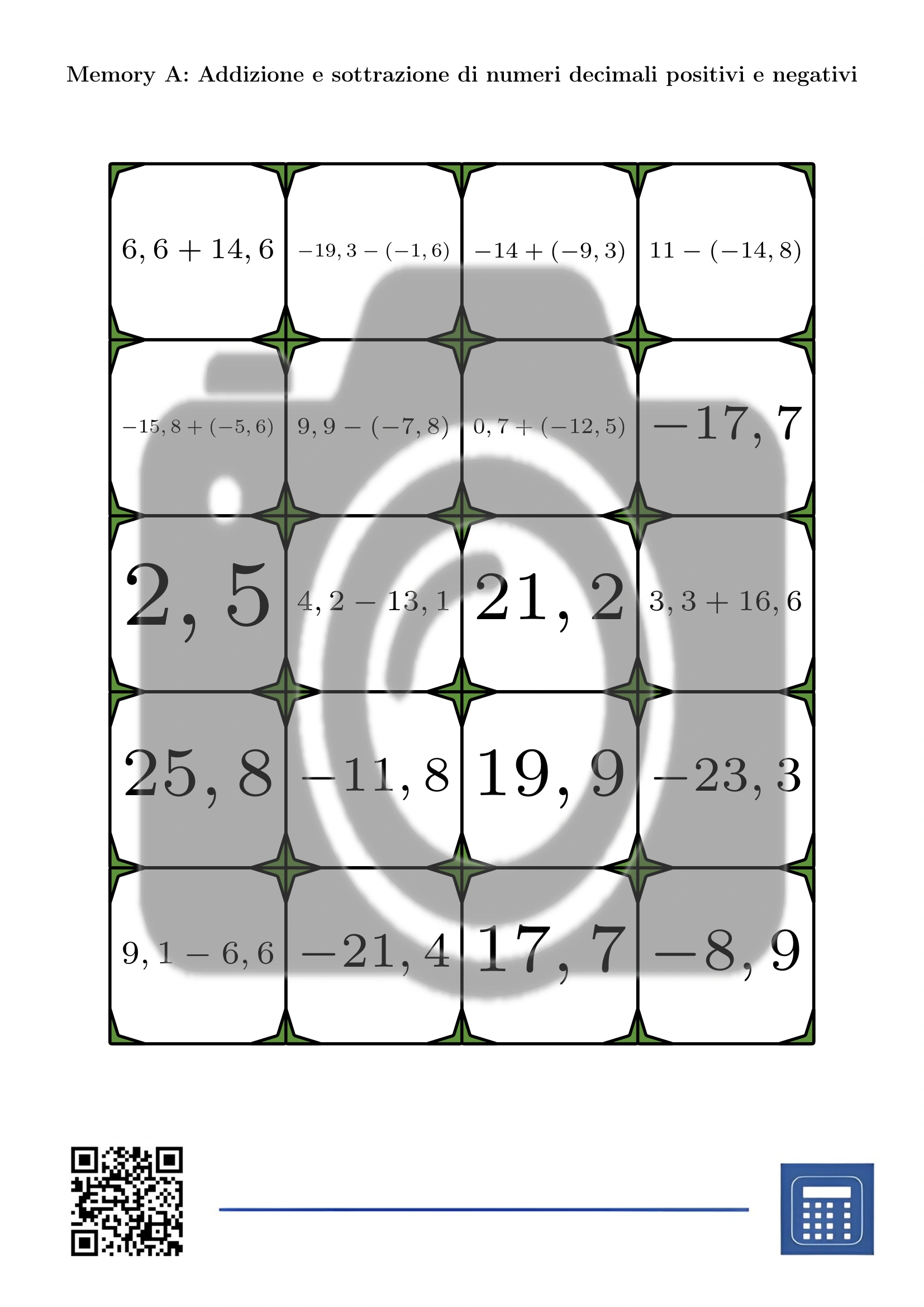 Memory: Addizione e sottrazione di numeri decimali positivi e negativi - immagine 2