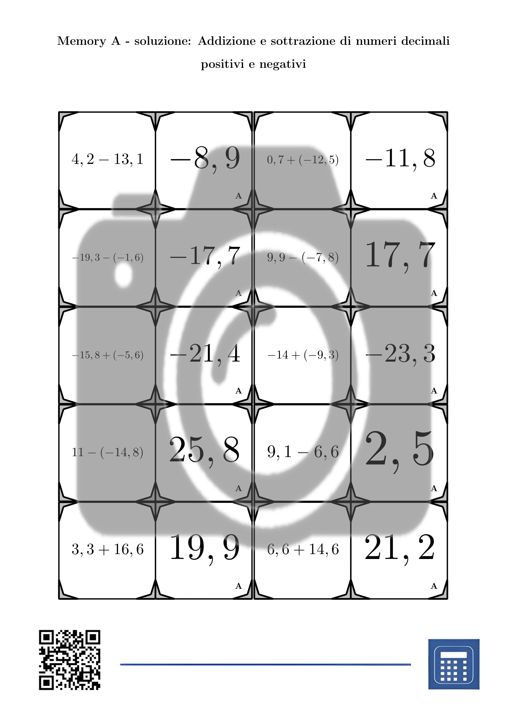 Memory: Addizione e sottrazione di numeri decimali positivi e negativi - immagine 4