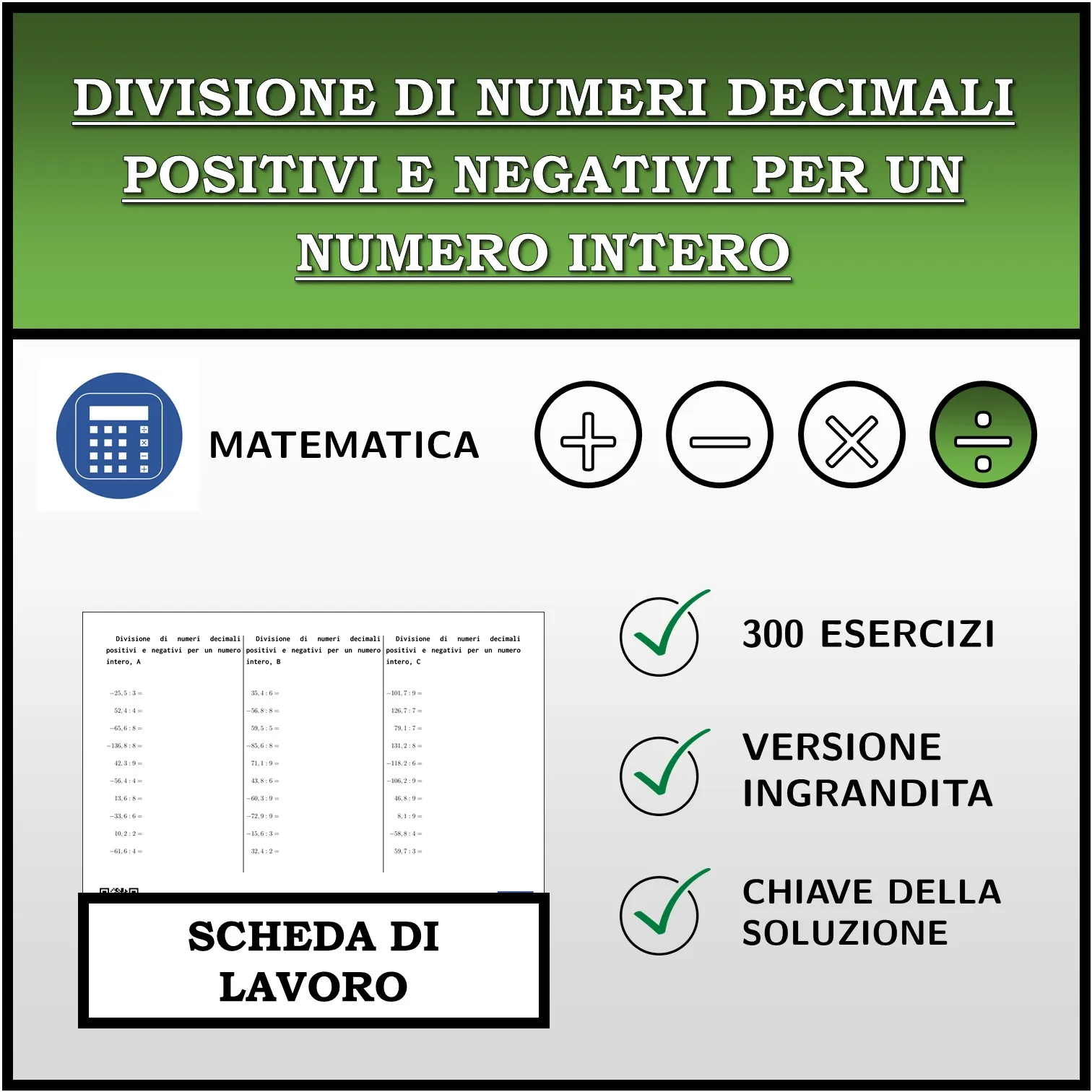 Scheda di lavoro: Divisione di numeri decimali positivi e negativi per un numero intero