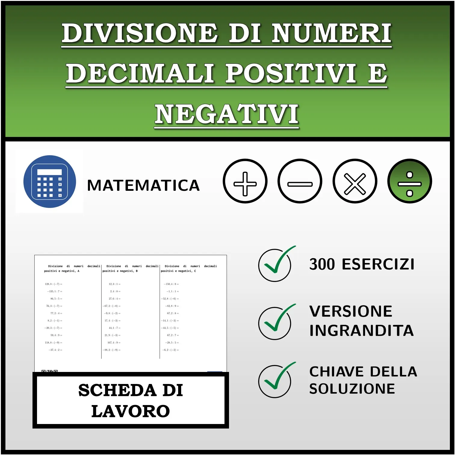 Scheda di lavoro: Divisione di numeri decimali positivi e negativi