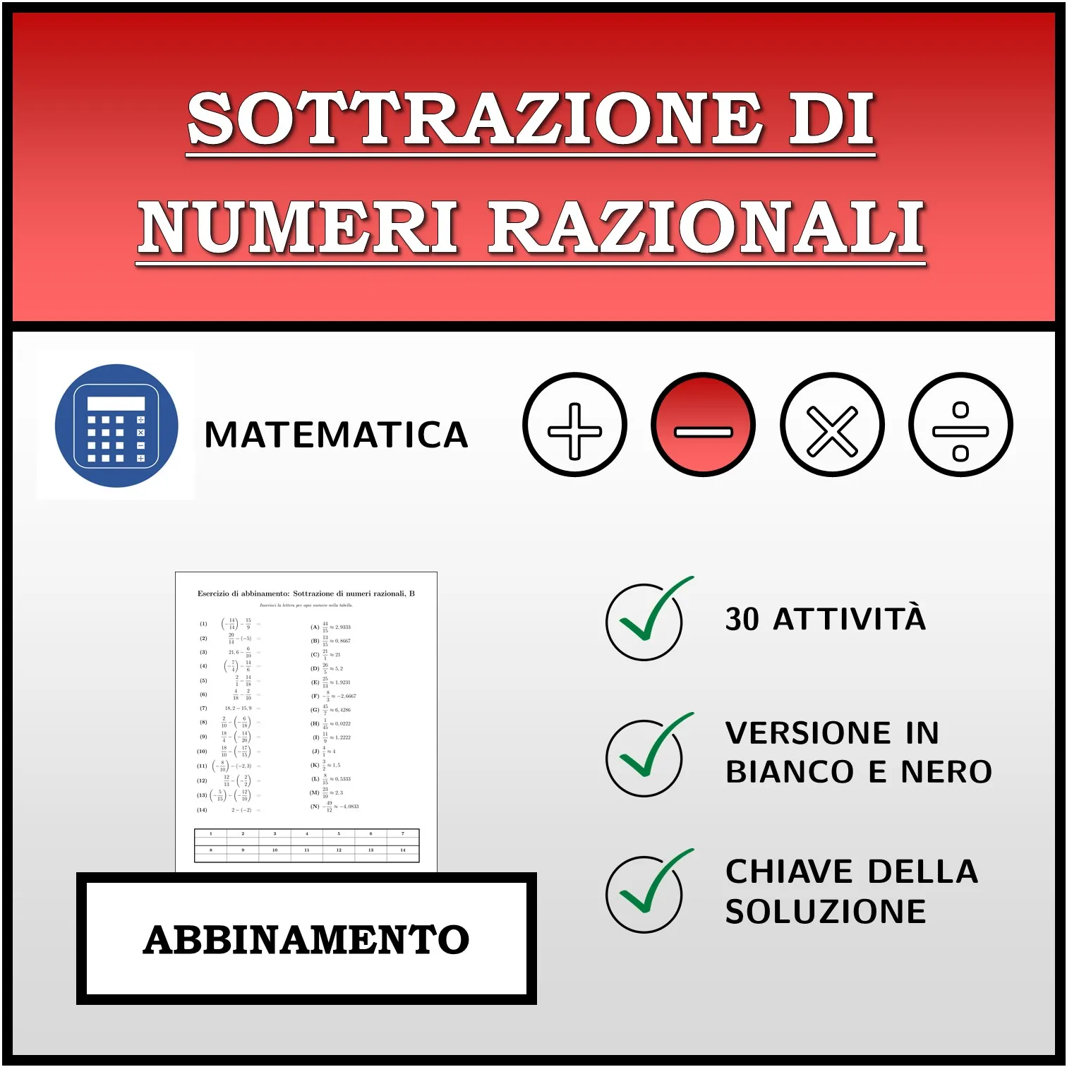 Esercizio di abbinamento: Sottrazione di numeri razionali