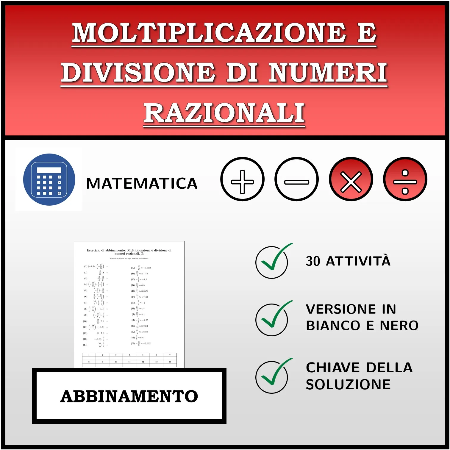 Esercizio di abbinamento: Moltiplicazione e divisione di numeri razionali