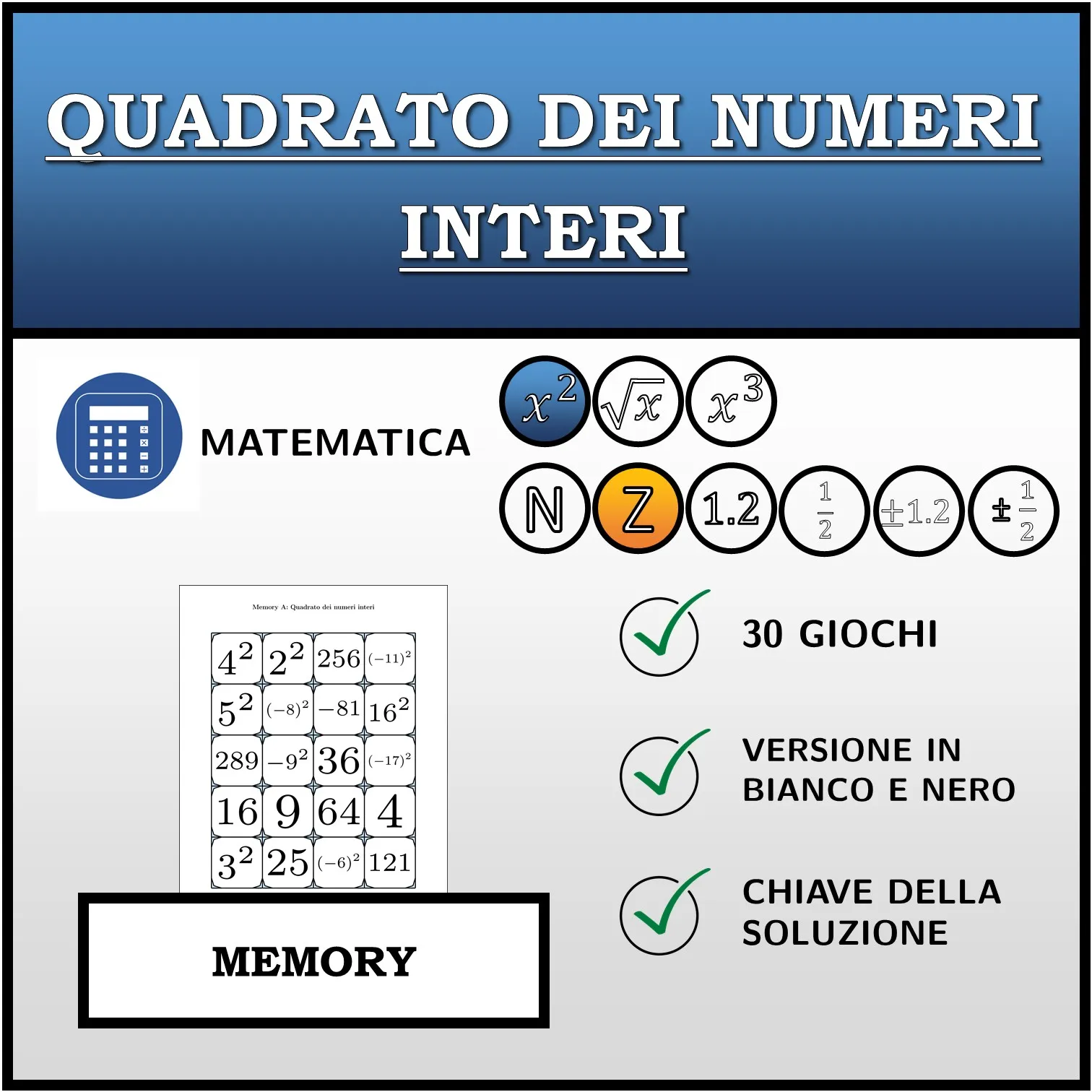 Memory: Quadrato dei numeri interi