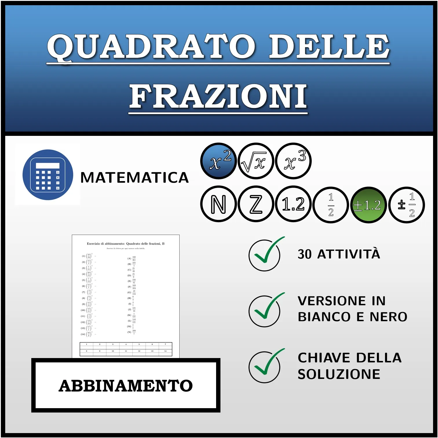 Esercizio di abbinamento: Quadrato delle frazioni