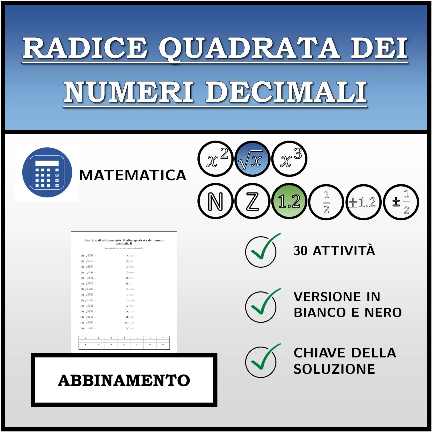 Esercizio di abbinamento: Radice quadrata dei numeri decimali