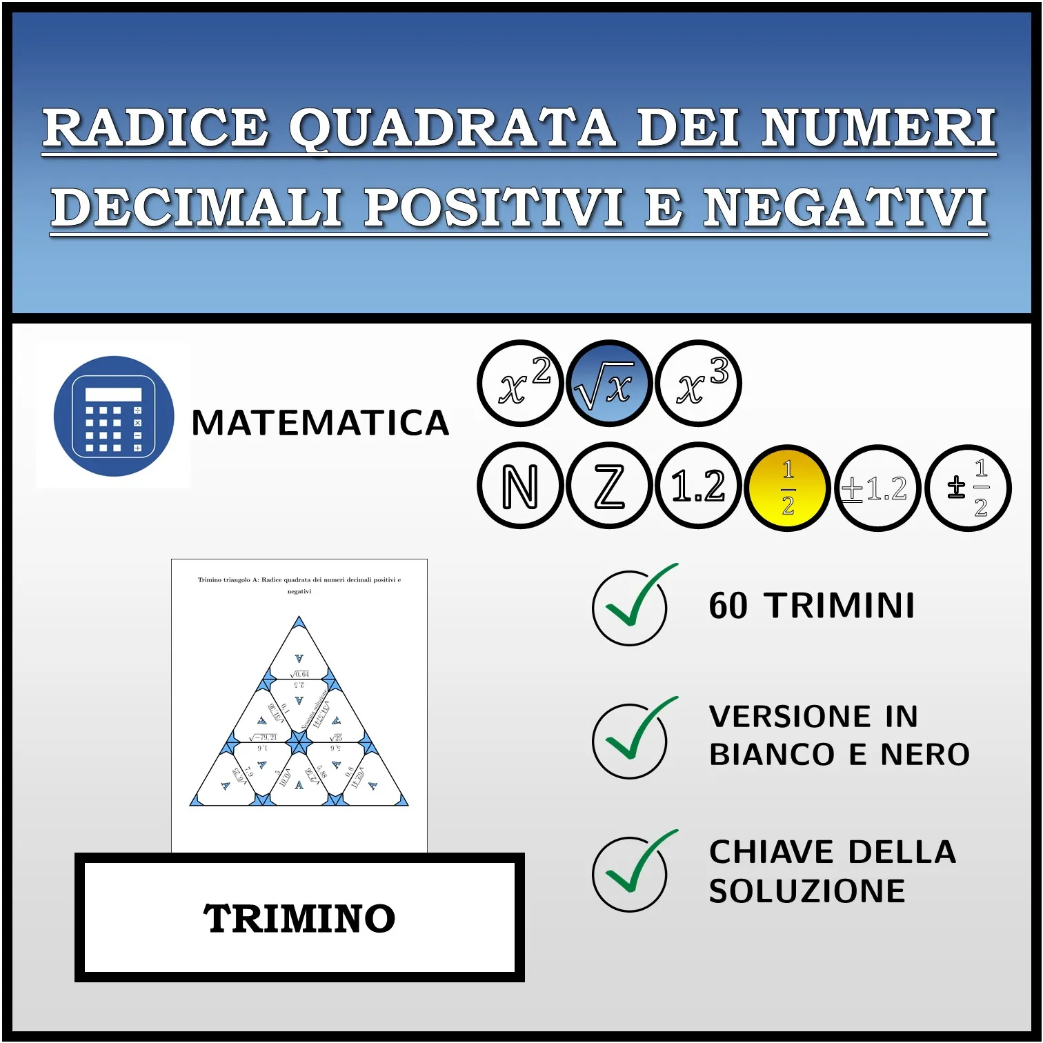 Trimino: Radice quadrata dei numeri decimali positivi e negativi