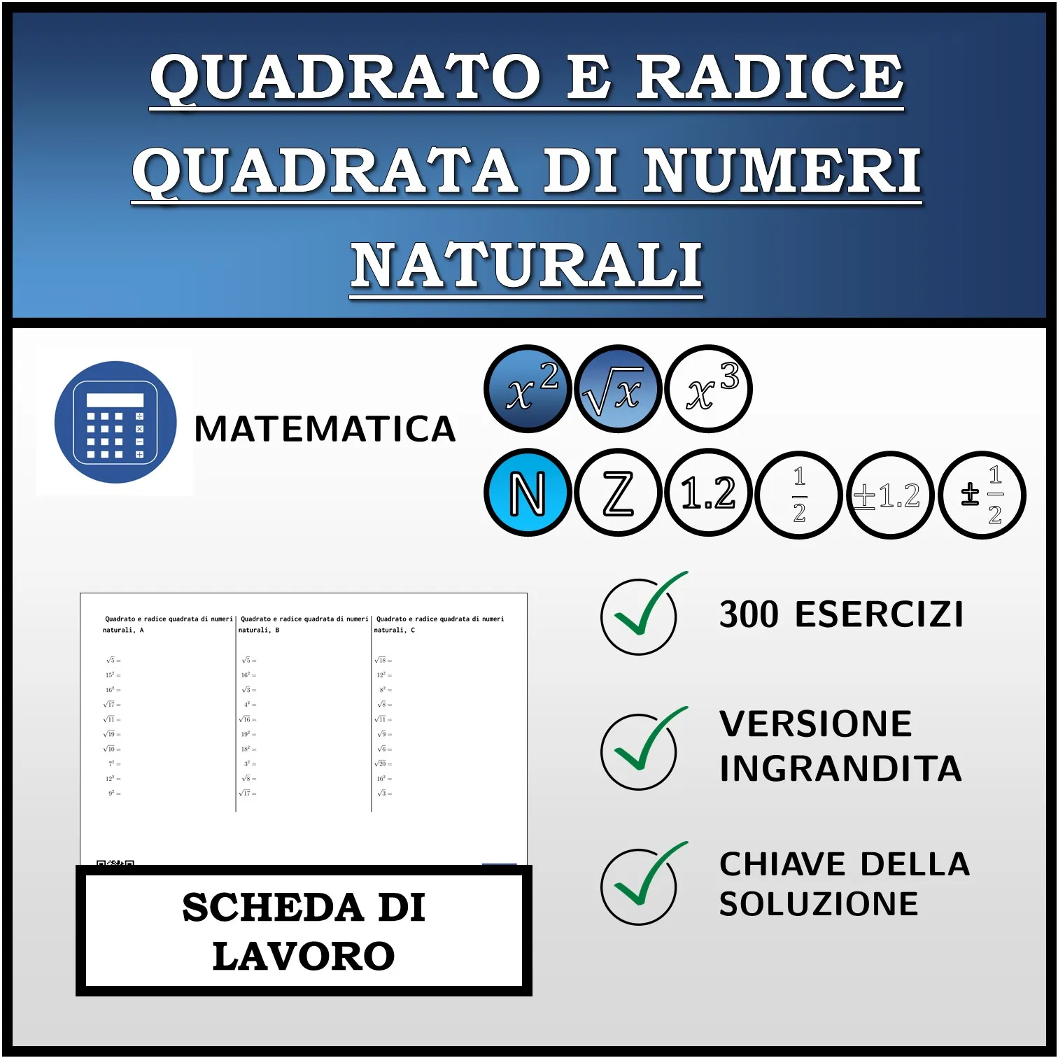 Scheda di lavoro: Quadrato e radice quadrata di numeri naturali