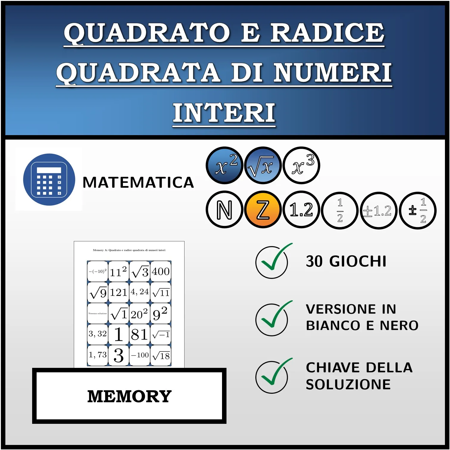 Memory: Quadrato e radice quadrata di numeri interi